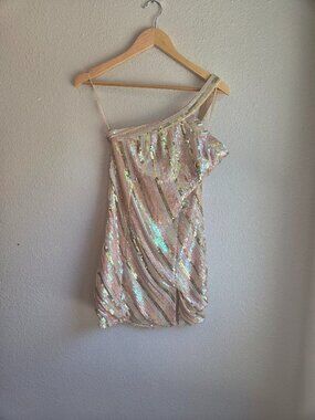 Superdown Sequin One Shoulder Mini Dress Womens Medium Pink Gold Iridescent